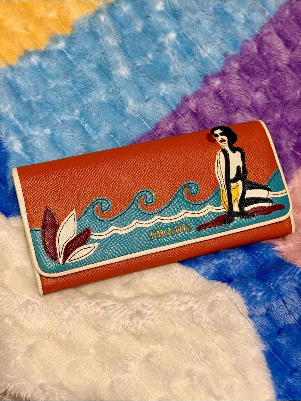 RARE Prada 2013 Resort Line Beach Ocean Theme Saffiano Leather Wallet w/ COA